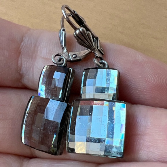 VINTAGE ANNE KOPLIK DESIGN MIRRORED FACETED GLASS DROP DANGLE EARRINGS LEVERBACK - Picture 4 of 16